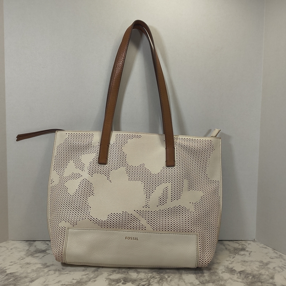 Fossil Madison Leather Coconut/Brown Tote /Shoulder Bag